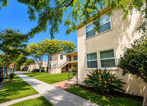 A sunny day in a quiet residential street with apartment buildings on either side.