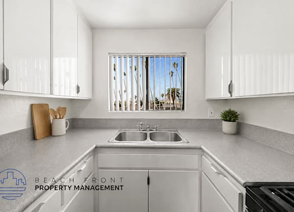 A kitchen with a view of palm trees through the window.