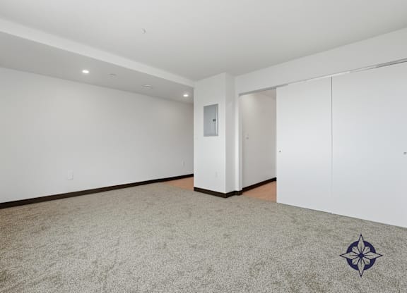 A carpeted room with a rug and a white door.
