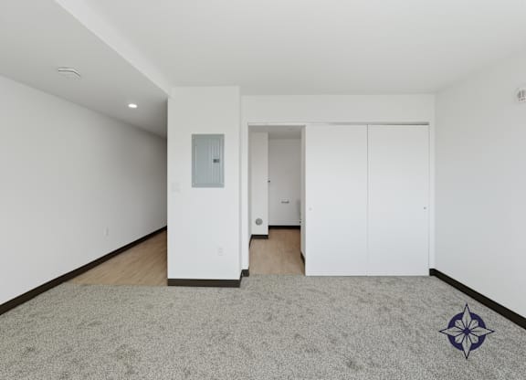 A carpeted room with a rug and a white door.