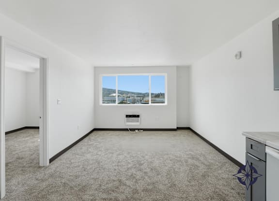 A room with a carpet floor, a window, and a white wall.