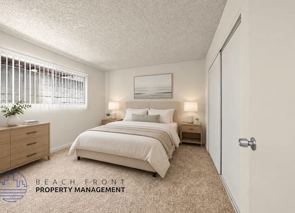 A bedroom with two beds, a nightstand, and a dresser with a plant on top.