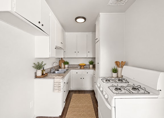 A white kitchen with a stove and sink.