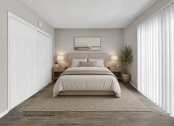 A bedroom with a large bed, two nightstands, and a window with blinds.