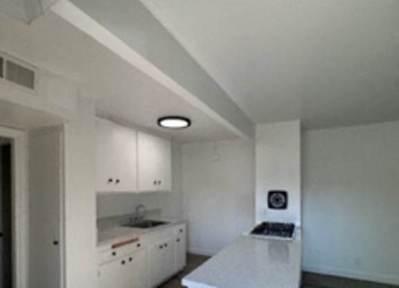 A white kitchen with a sink and cabinets.