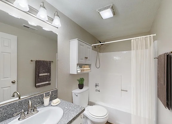 A bathroom with a white toilet, sink, and shower.