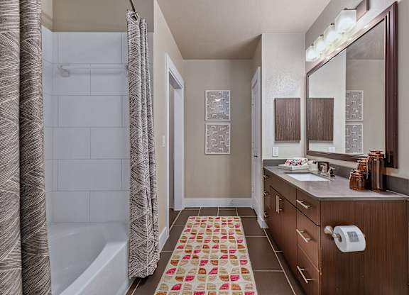 A bathroom with a patterned rug on the floor.