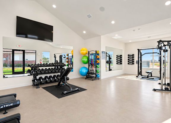 A gym with a variety of equipment including weights and exercise balls.