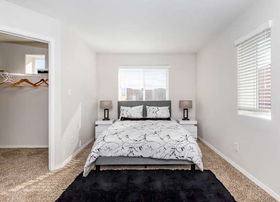 A bedroom with a large bed and a black rug.