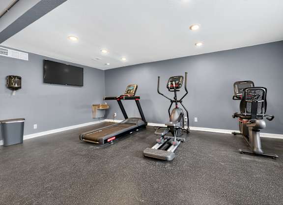 A spacious room with a treadmill, stationary bike, and rowing machine.