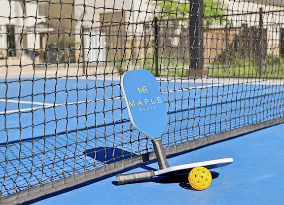 A blue paddle ball racket with the letters MR on it is leaning against a tennis net.