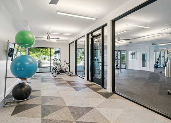 A gym with a green ball on the left and a black ball on the right.