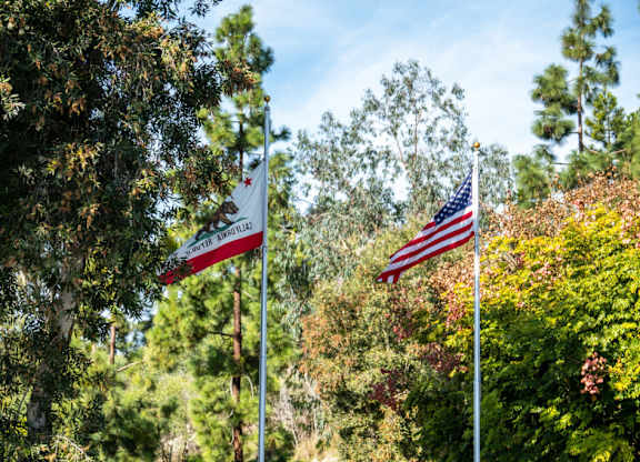 Two flags, one of the United States and one of Iran, are flying side by side.