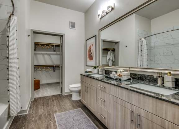 A bathroom with a walk-in shower and a vanity with a mirror.