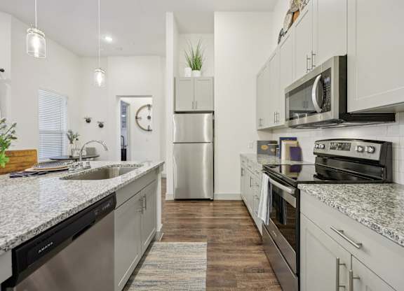 Bright apartment kitchen view featuring stainless steel appliances integrated with light cabinetry and dark floors.