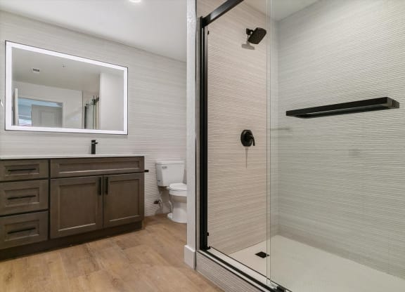 a bathroom with a shower and a sink and a toilet