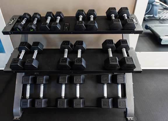 A set of dumbbells on a rack in a gym.