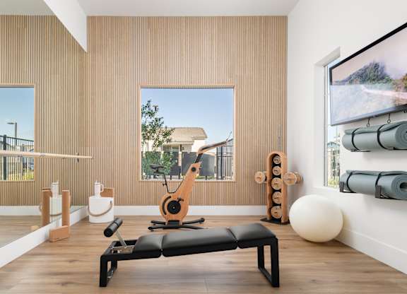A gym room with a row of exercise balls and a row of foam rollers on the wall.