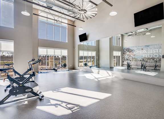 A gym with a treadmill, exercise bike, and other equipment.