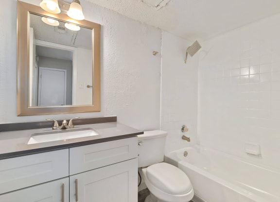 a bathroom with a sink toilet and bathtub