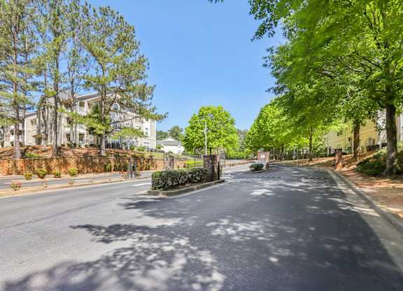 A tree-lined street with a clear blue sky above.