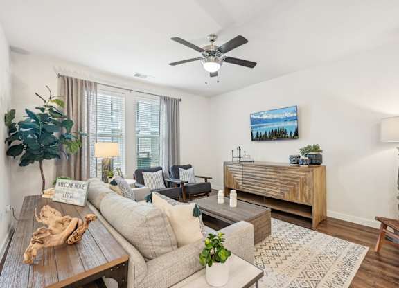 A living room with a couch, a coffee table, a TV, and a plant.
