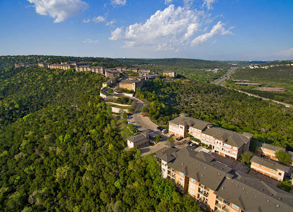 A bird's eye view of a residential area surrounded by a dense forest.
