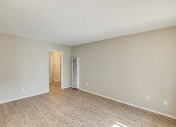 A room with a wooden floor and a door leading to another room.