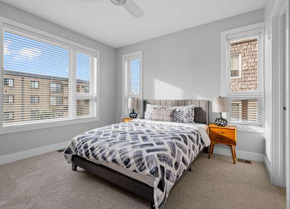 a bedroom with a bed and two windows