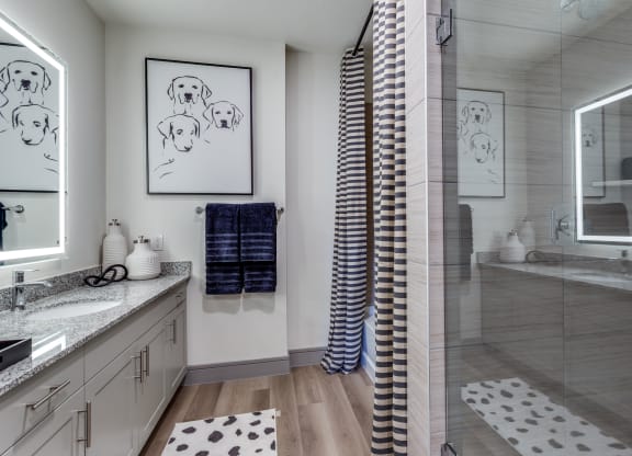 a bathroom with a shower and two sinks and a mirror
