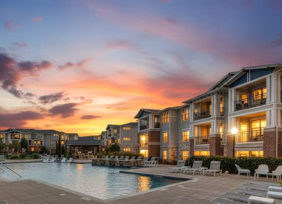 A sunset view of a pool area in front of apartment buildings.