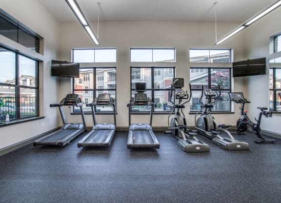 a gym with cardio equipment and windows at the briggs building