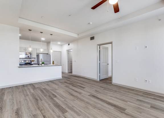 A room with a white ceiling and a wooden floor.