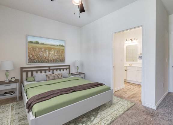 a bedroom with a bed and a bathroom with a closet