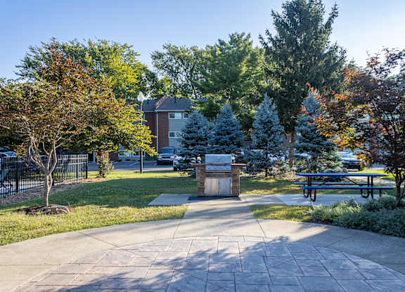 A park with a bench and a tree with red leaves.