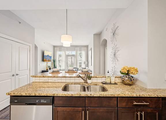 A kitchen with a granite countertop and a dishwasher.