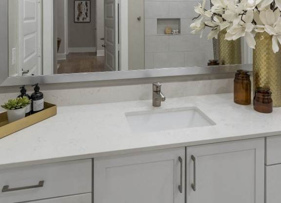 A bathroom with a white counter top and a gold tray with plants on it.