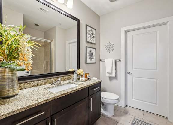 A bathroom with a toilet, sink, and mirror.