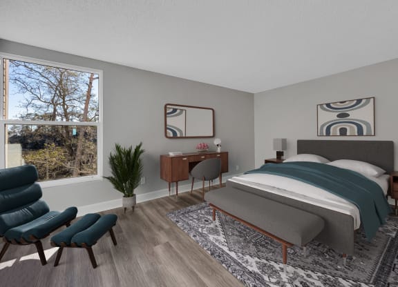 3d rendering of a bedroom with a bed