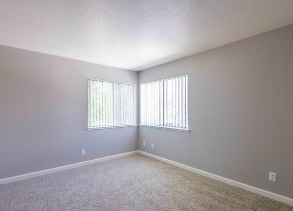 A room with a carpeted floor and a window with blinds.