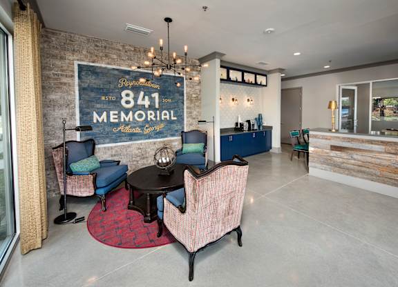 A room with a large sign that says 841 Memorial.