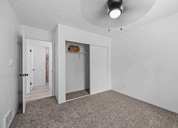 the living room of an apartment with a carpeted floor and a closet