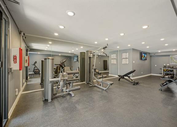 A gym with a variety of equipment including a squat rack, bench press, and a rowing machine.