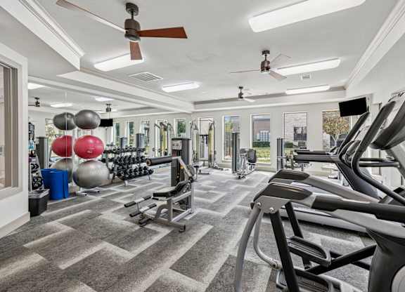 A gym with treadmills, weights, and exercise balls.
