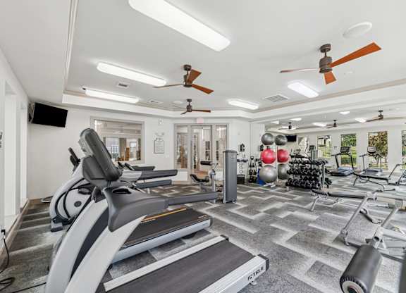 A gym with treadmills, weights, and exercise equipment.