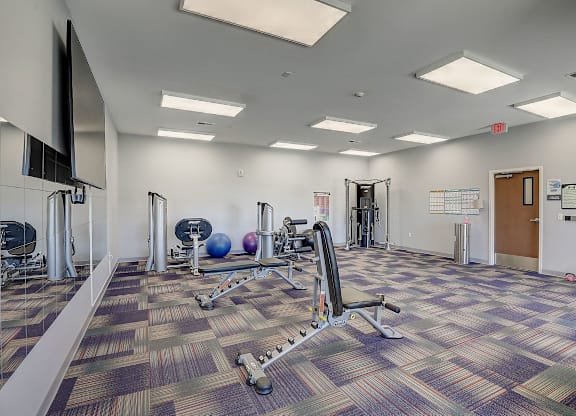 A gym with a variety of equipment including a flat screen TV.