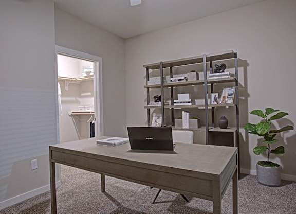 A room with a desk, laptop, and shelves with books and decorations.