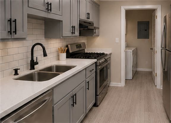 A kitchen with a refrigerator, sink, and cabinets.