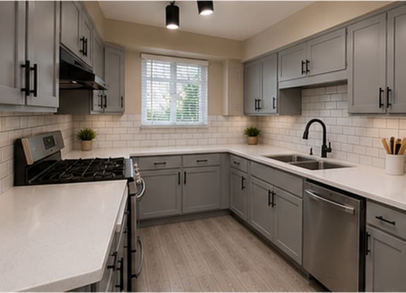 A modern kitchen with stainless steel appliances and wooden flooring.