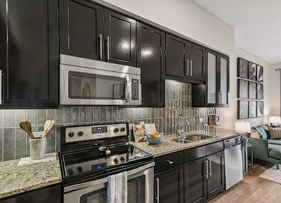 A modern kitchen with black cabinets and stainless steel appliances.